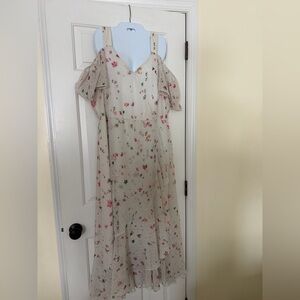 Melonie T 16W Floral Maxi Dress Cream Boho Cold Shoulder Zip Back